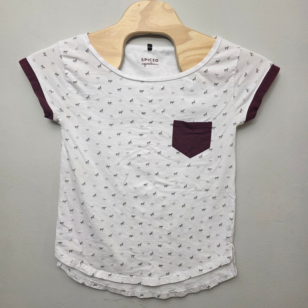 Spiced‎ Equestrian Womens Horse Bow Print Pocket T-Shirt White Burgundy Size M
